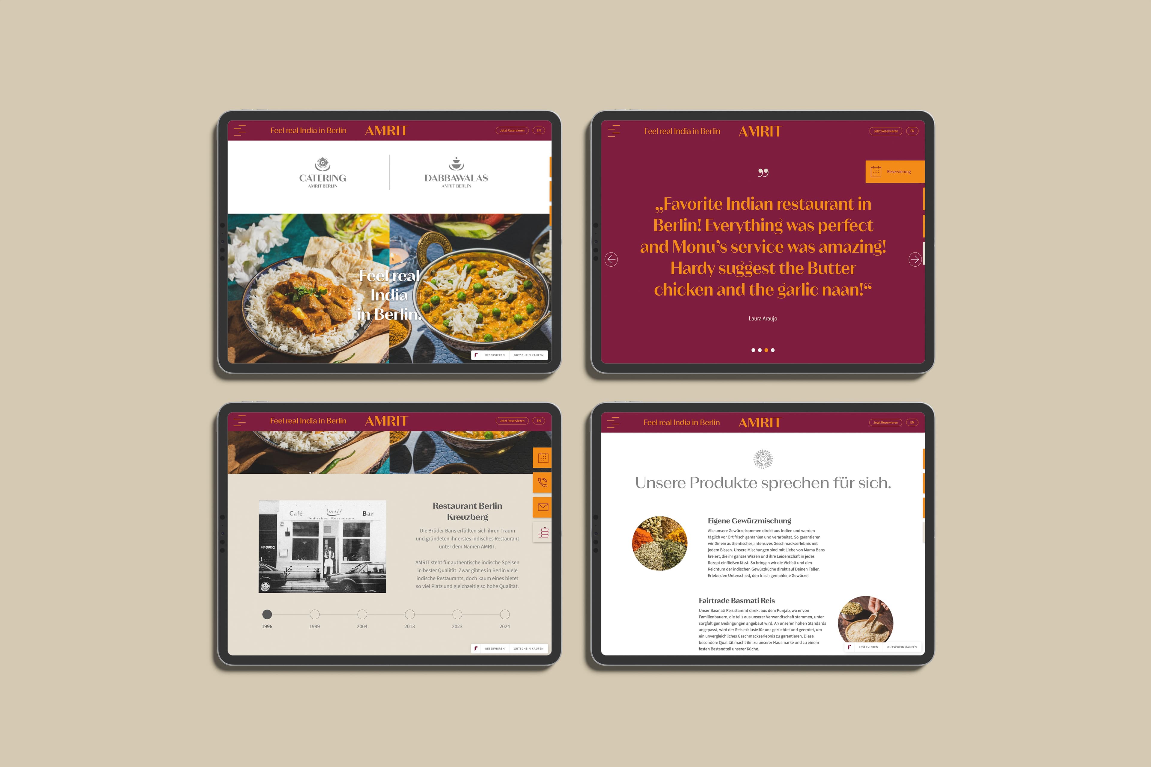 Webseite für ein indisches Restaurant in Berlin – Amrit Speisekarte und Restaurant-Atmosphäre