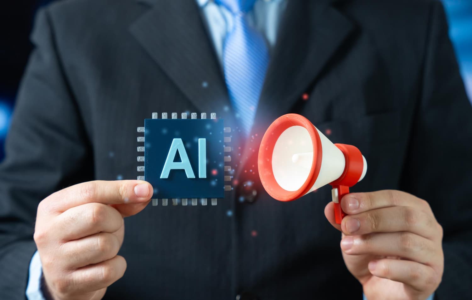 Symbol image for ChatGPT ads: person in a suit holding an AI-labelled chip and a miniature megaphone