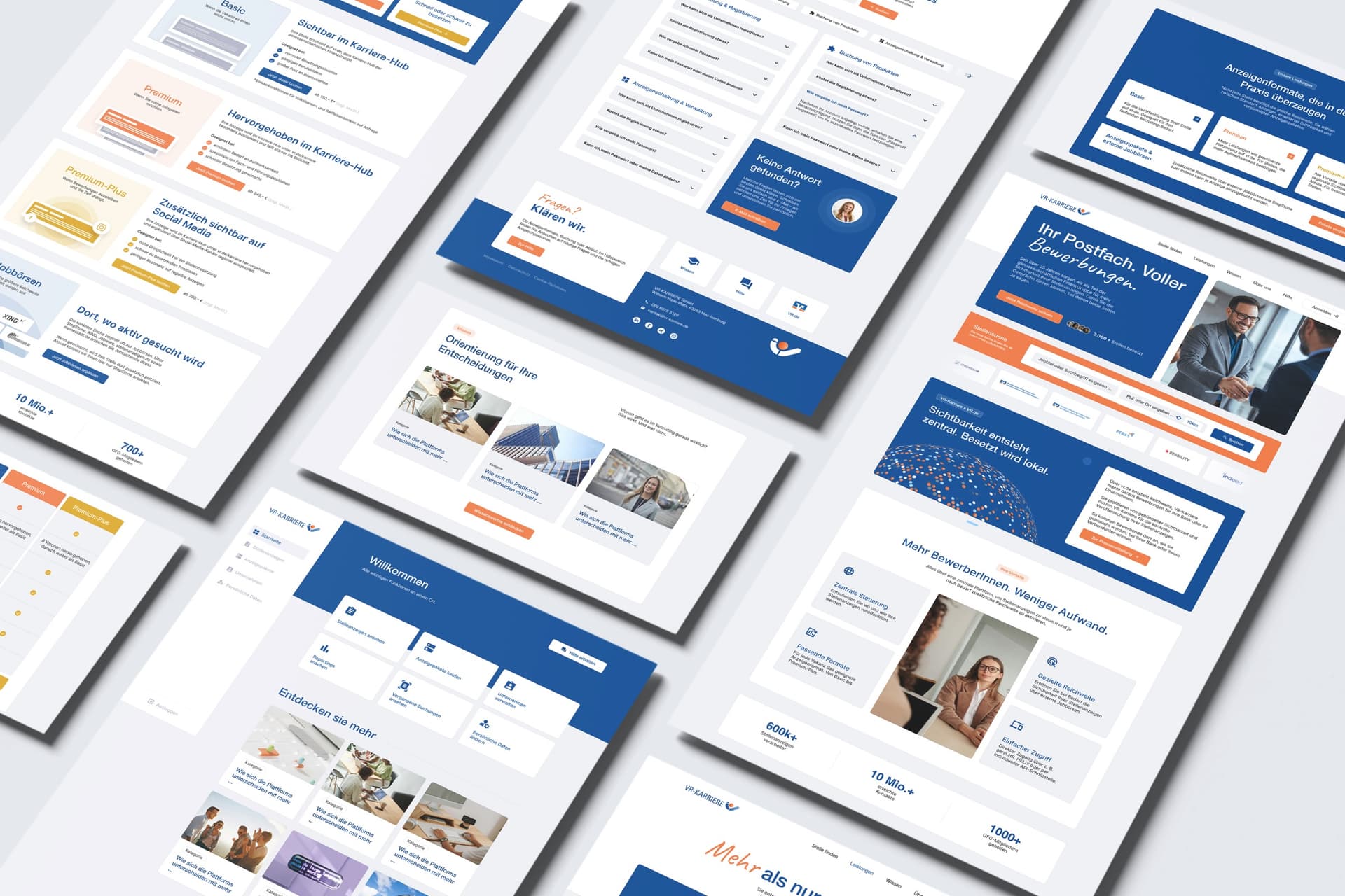 VR-KARRIERE Webplattform: Seitenlayouts von Startseite, Anzeigenpaketen und Magazin