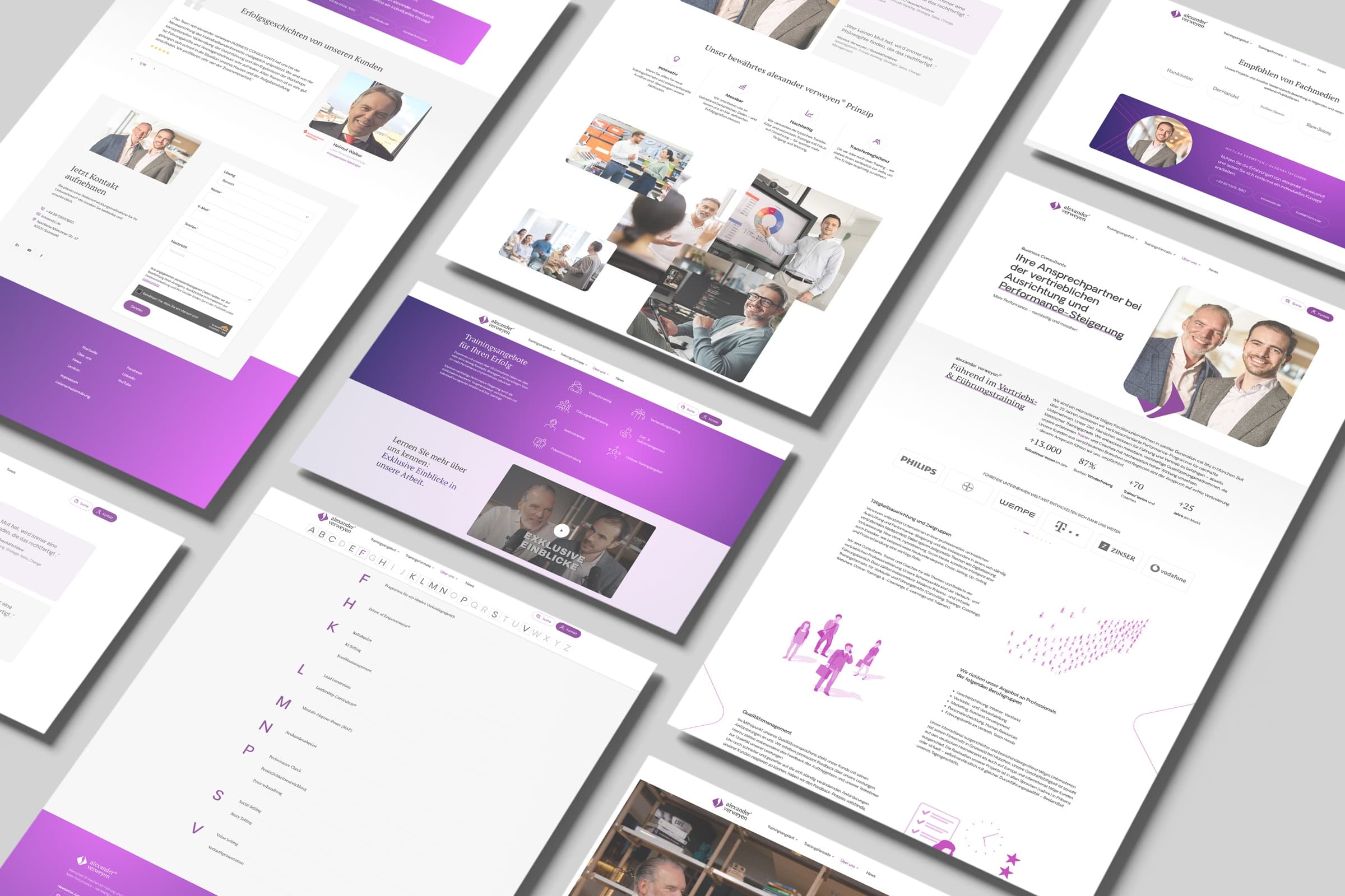 Page layouts in the new alexander verweyen corporate design with its violet colour system