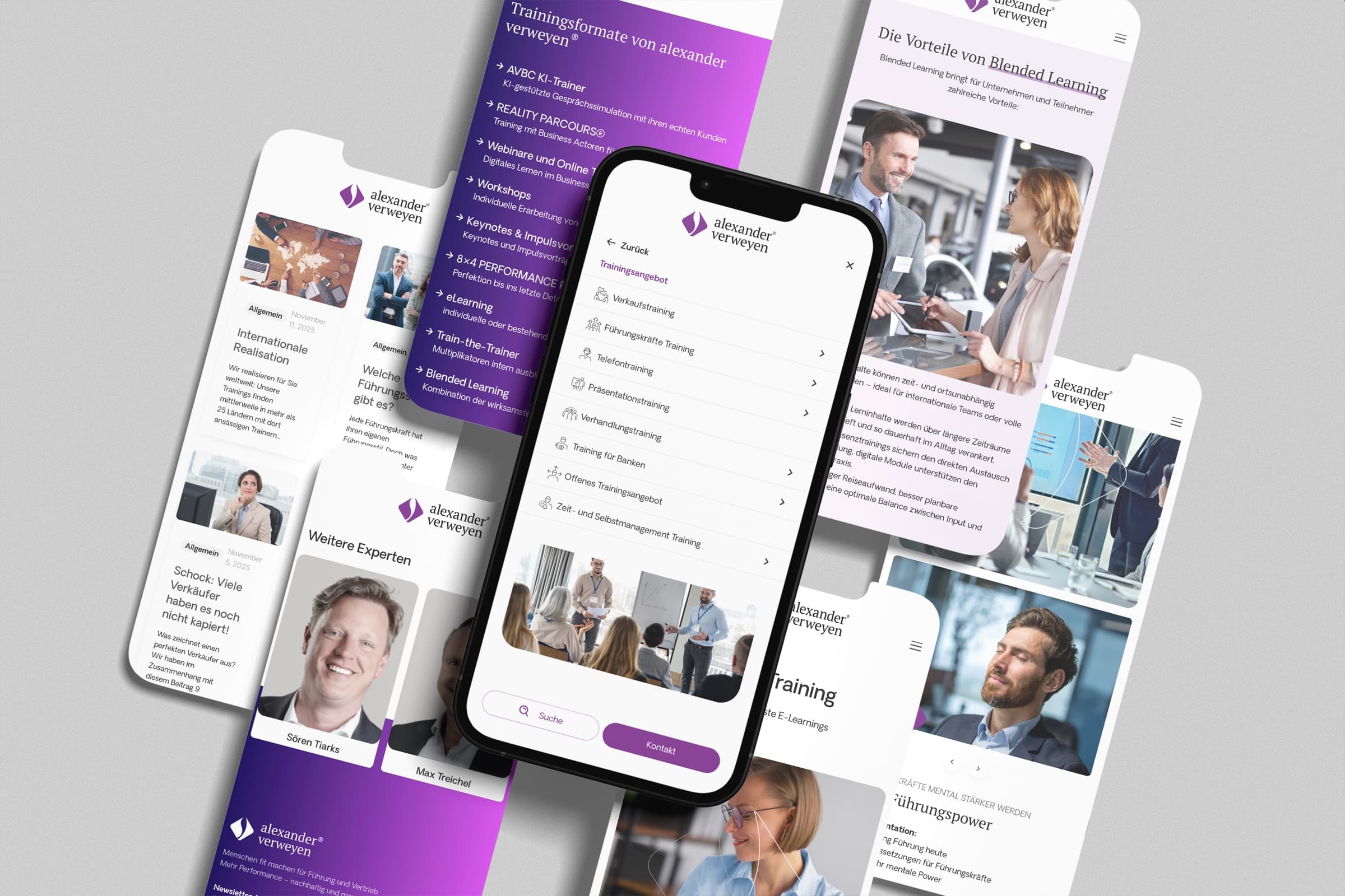 Mobile views of the training formats and the navigation through the training portfolio
