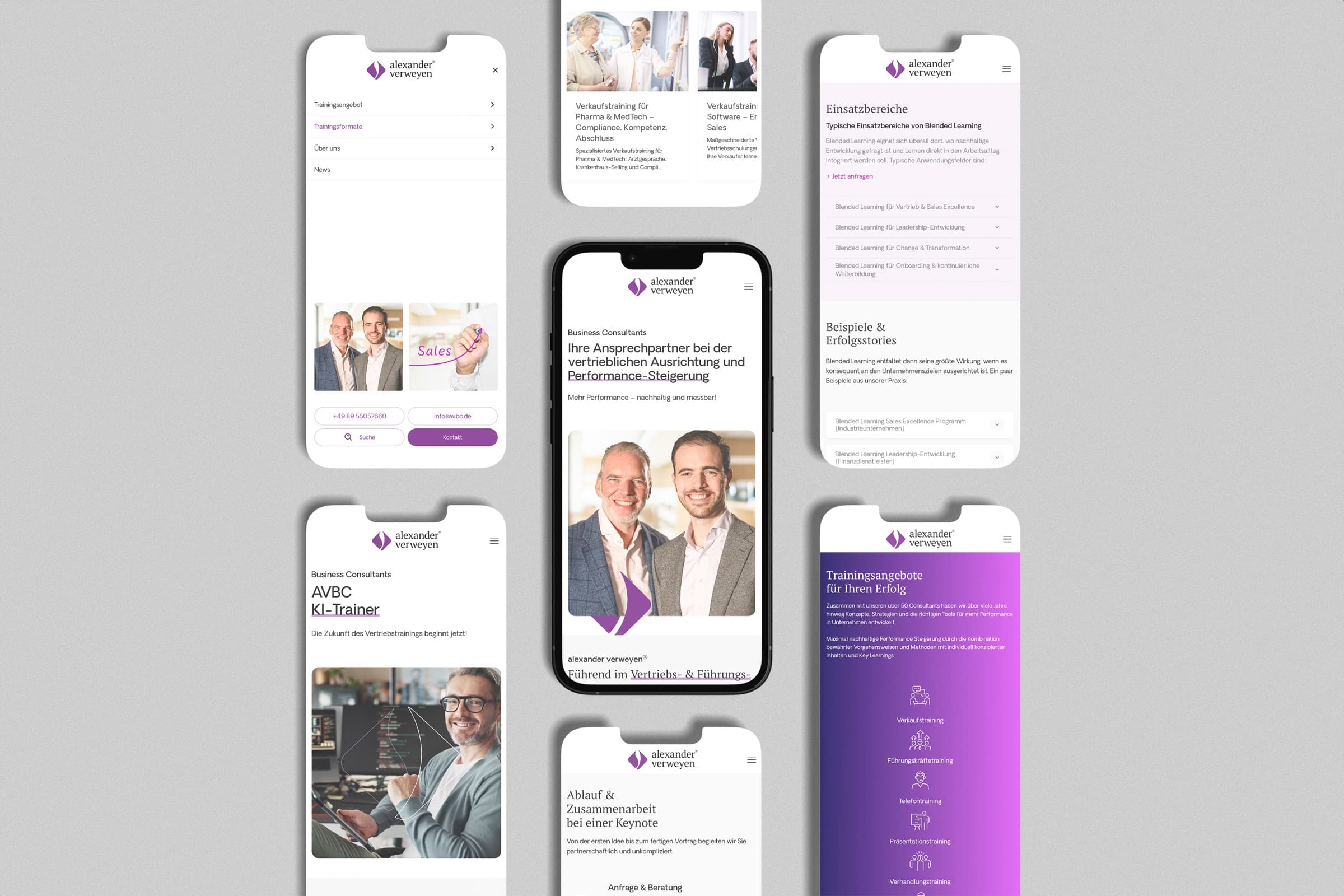 Mobile views of the home page, fields of application and trainer profiles