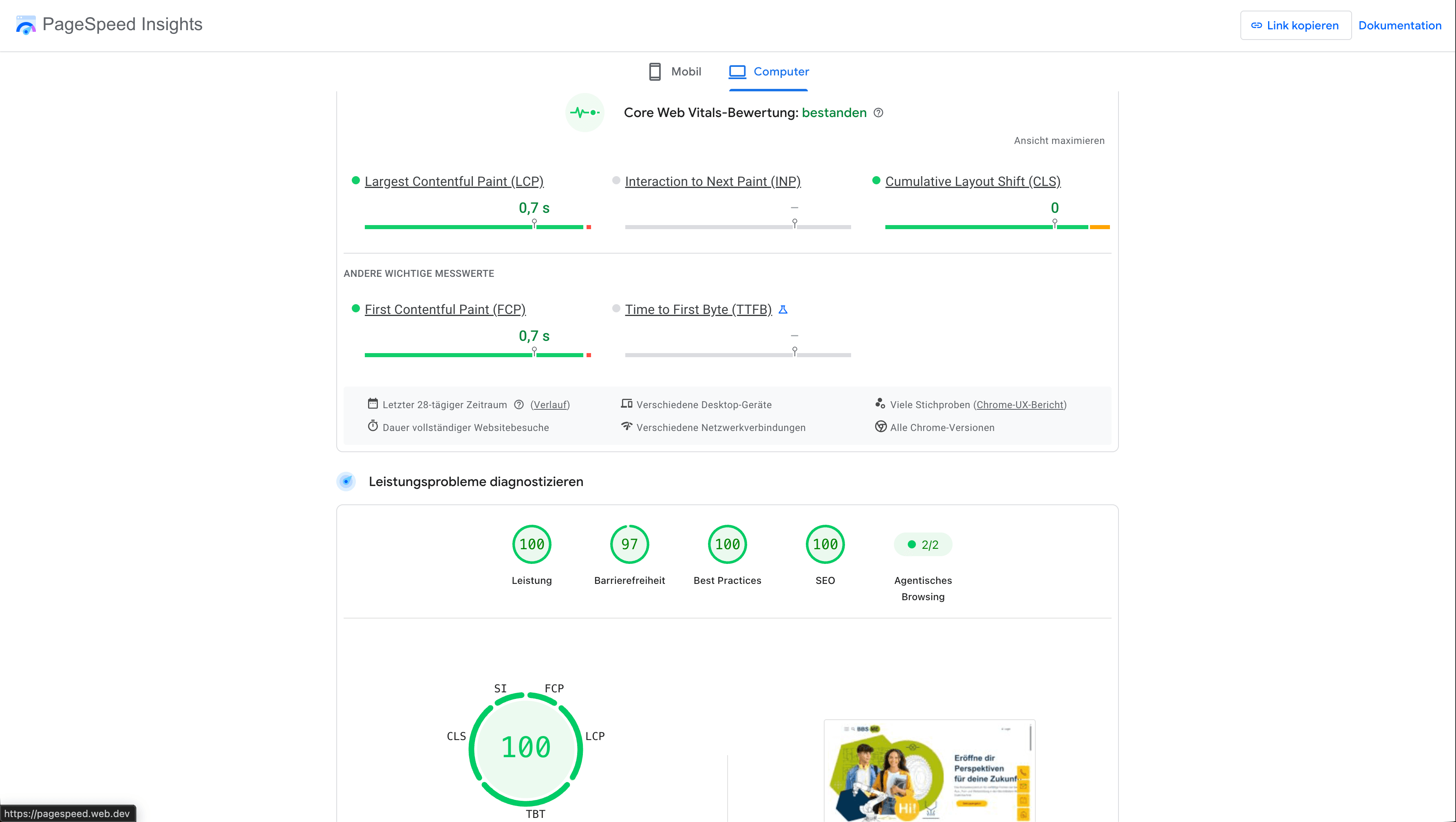 PageSpeed-Insights-Auswertung einer Lightweight Website mit bestandenen Core Web Vitals und 100 Punkten bei Leistung, Best Practices und SEO