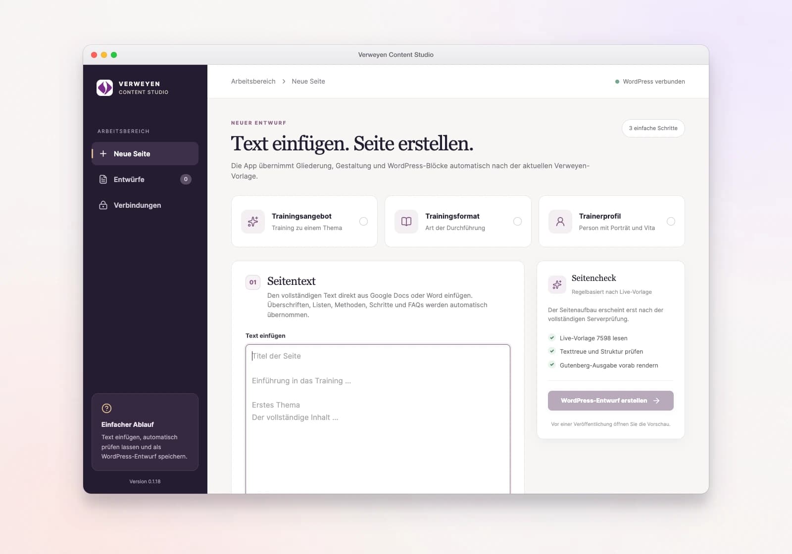 Verweyen Content Studio: AI-assisted application turning pasted text into a WordPress draft